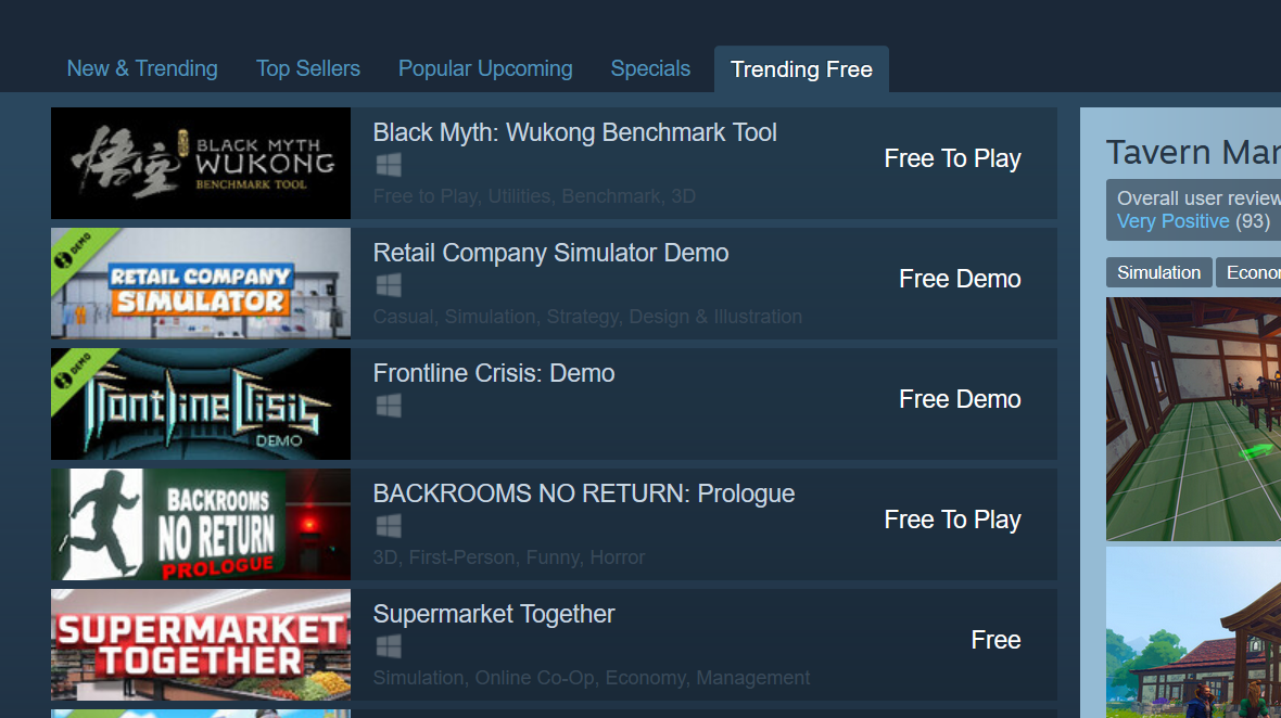 В Steam теперь есть вкладка Trending Free для демоверсий, полных бесплатных игр и бесплатных игр.