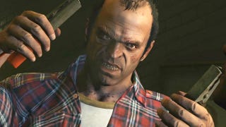A screenshot of Grand Theft Auto 5 lead character Trevor Philips brandishing a pair of jump leads.