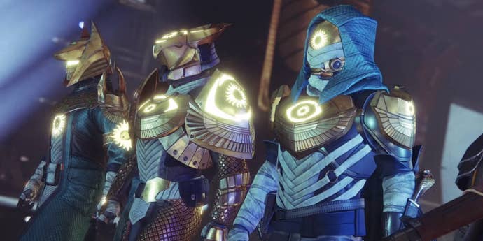 Characters wearing Trials of Osiris armour successful Destiny 2, with glowing sigils connected chests and shoulderpads