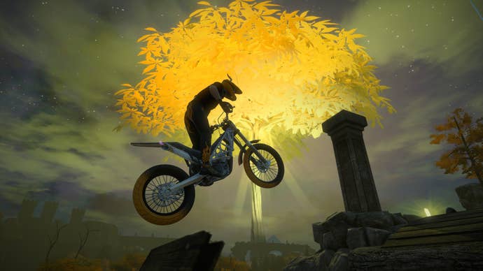 Catching air in front of the Erdtree in the Elden Ring-inspired custom level for Trials Rising.