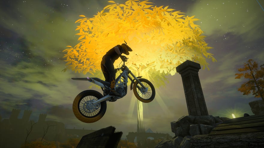 Catching air in front of the Erdtree in the Elden Ring-inspired custom level for Trials Rising.