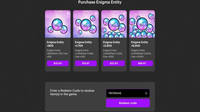 A gacha game store screenshot shows various options for buying premium in-game currencies, plus a free code redemption textbox at the bottom.