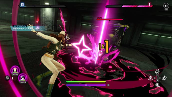 A Tribe Nine character performs her ult against an enemy, showering pink light across the arena.