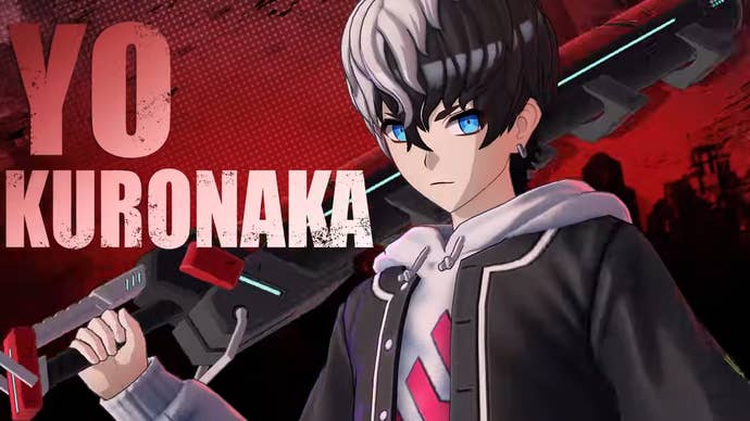 Tribe Nine protagonist Yo Kuronaka poses with his signature weapon against a red background.