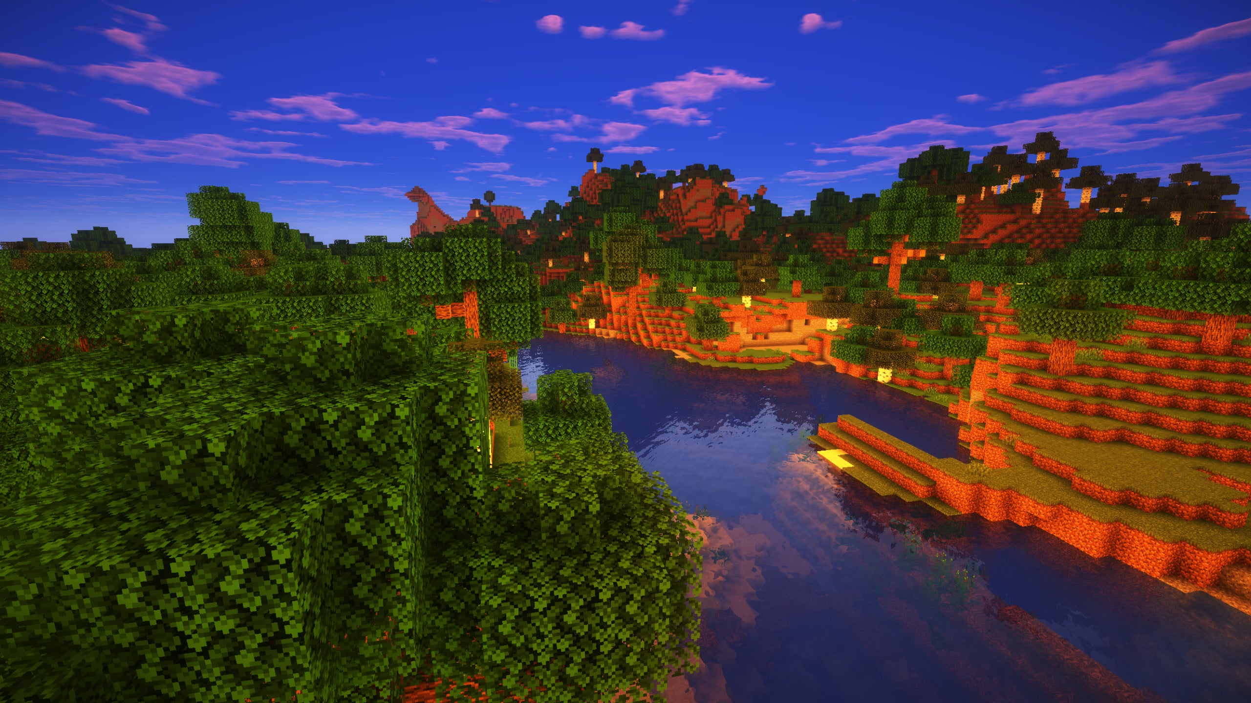 A Minecraft forest landscape with a river running through it with Triliton