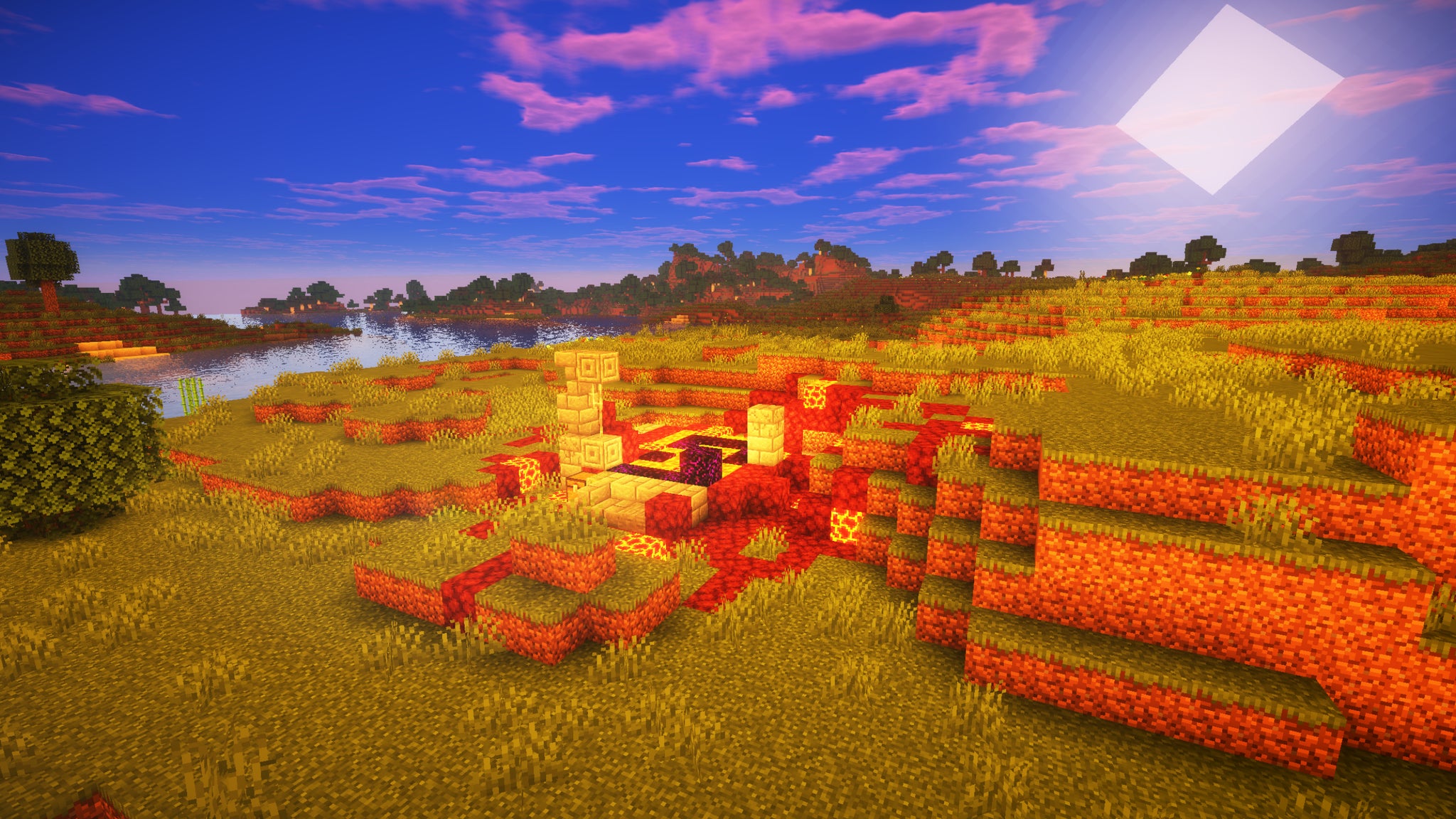 A ruined portal in the middle of a Minecraft plains biome with Triliton's Shaders installed. - 81