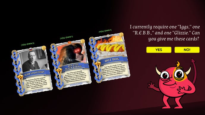 Trading tromboner cards with a demon in Trombone Champ.