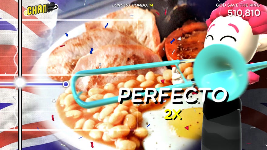 Treated to a view of a full English breakfast as I play God Save The King in a Trombone Champ screenshot.