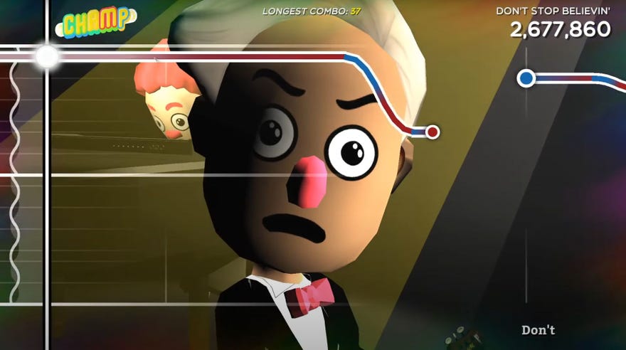 A guitarist looks appalled in Trombone Champ.