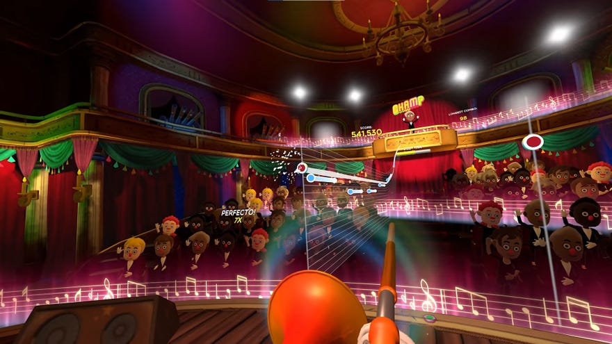 A first-person perspective shows as trombone being played in the player’s hands in front of a crowd.