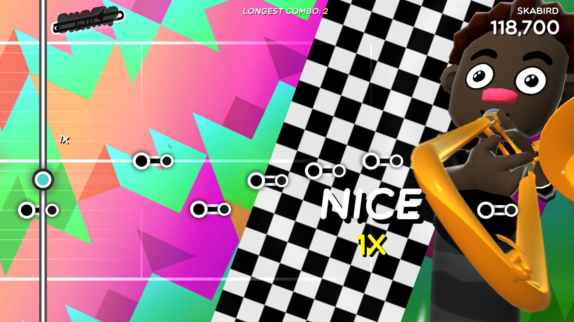 A cartoony man playing a trombone and facing the camera. It&rsquo;s a rhythm action game so notes are moving like tadpoles across the screen. There&rsquo;s a jazzy background because the song playing is Skabird. It&rsquo;s all neon pinks and greens.
