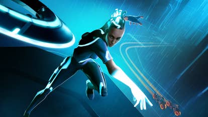Tron: Catalyst artwork showing a character in a neon-lit sci-fi arena with Triton motorcycles leaving a light path below.