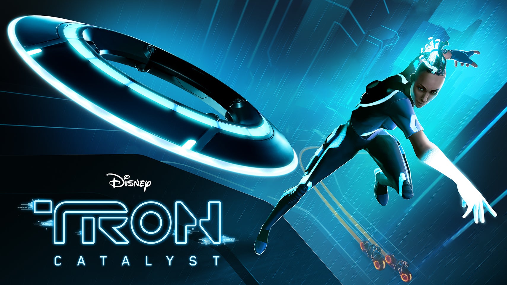 A man in Tron throwing a disc, the logo for Tron: Catalyst in the bottom left corner. - 1