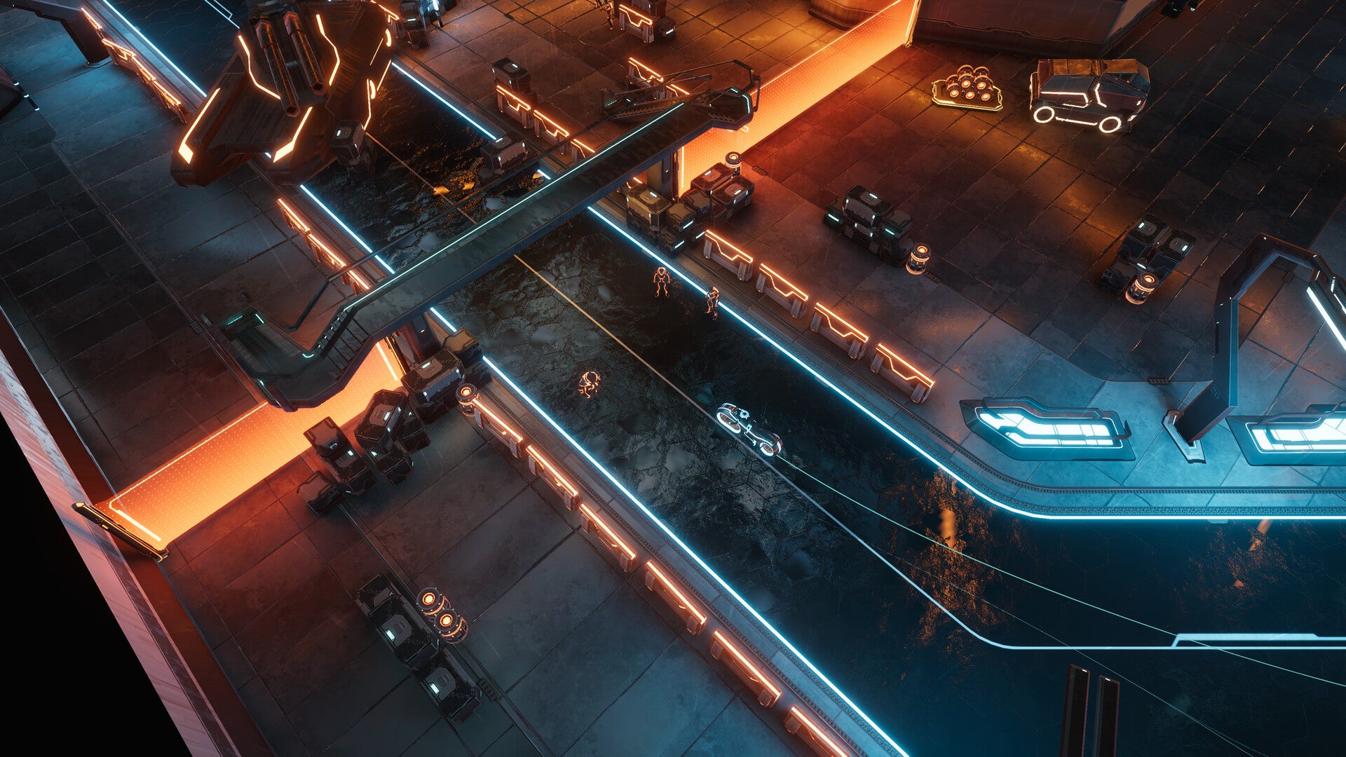 A screenshot from Tron: Catalyst showing a top down view of a futuristic city, someone riding their light cycle along a street. - 1