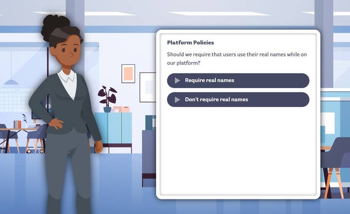 A screenshot of Trust and Safety Tycoon in which the user is being asked whether they want to have a policy to only allow users on their social network to post under their real names