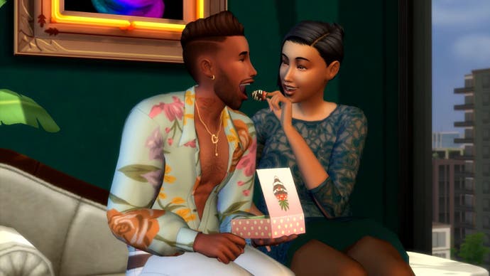 Two Sims flirt by feeding each other in The Sims 4 Lovestruck expansion pack