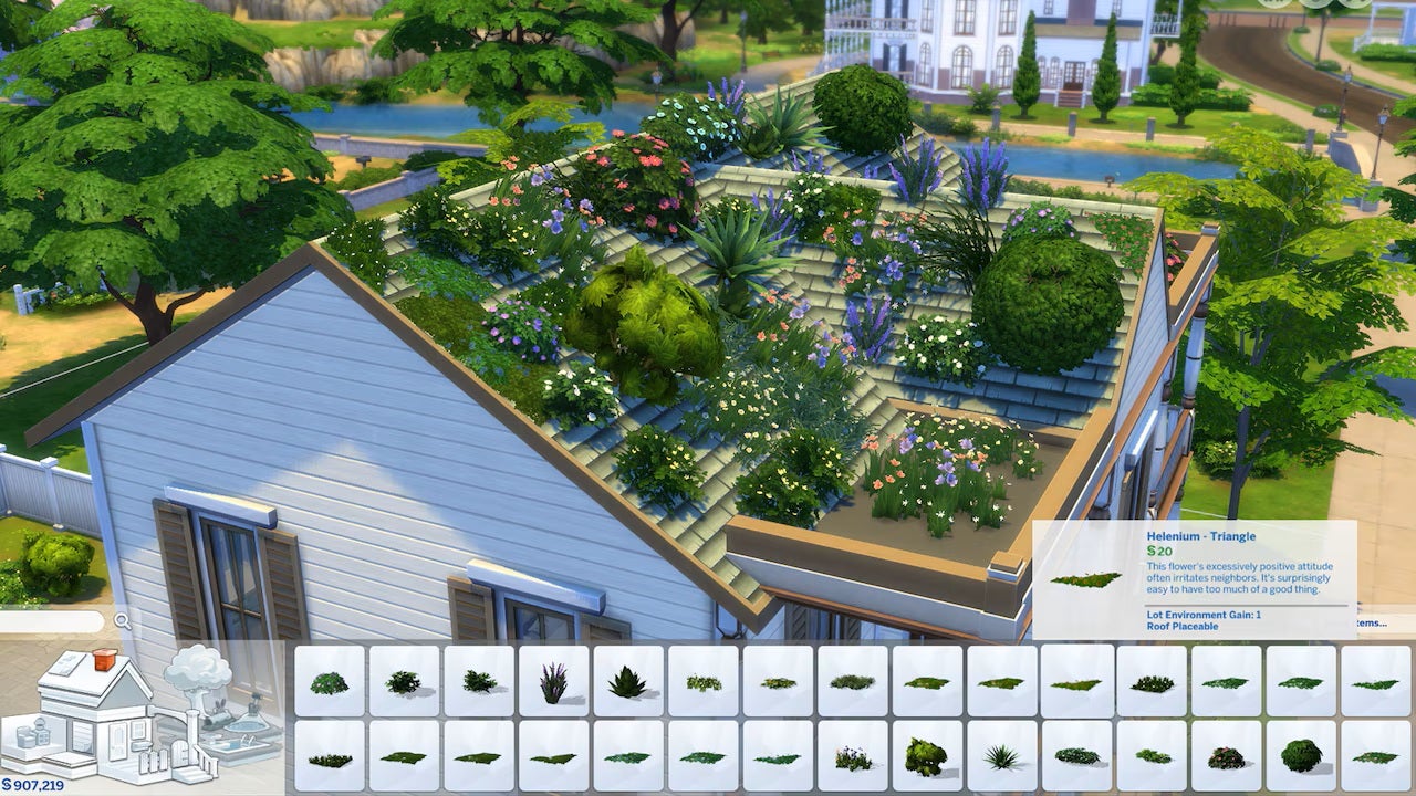 A Sims 4 house in build mode having its roof edited. Many lush plants are now growing from the roof tiles, demonstrating a new build mode feature added in the Enchanted by Nature supporting patch. - 3