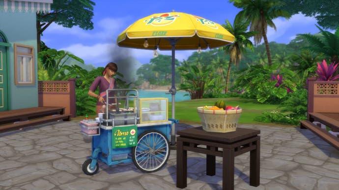 The Sims 4 screenshot showing The Sims 4’s Street Eats Digital Content (a grill cart, fruit bowl and umbrella)