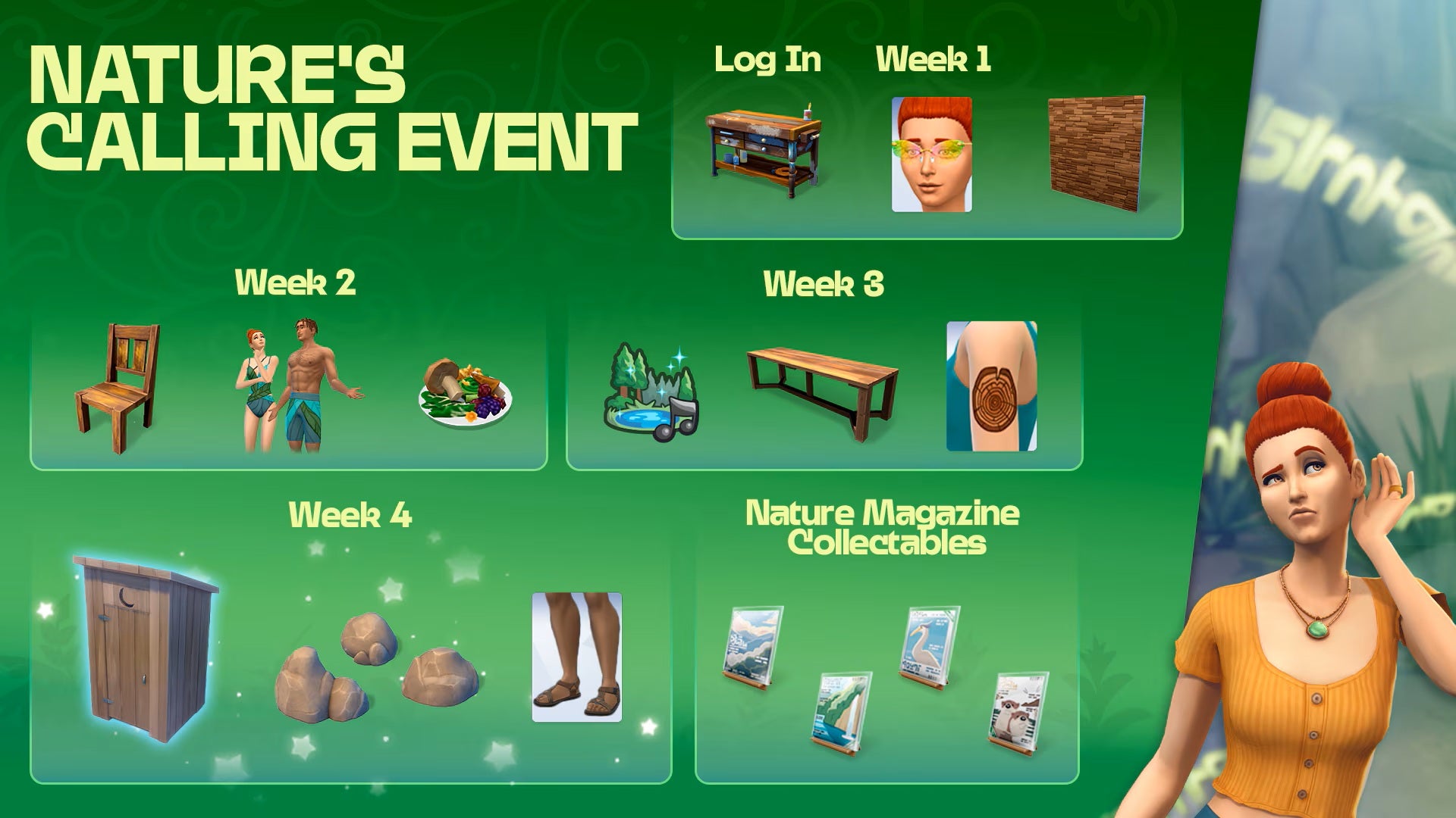 A rewards overview for The Sims 4's Nature's Calling event, showing rustic furniture, food, and clothing alongside a Sim who appears to be intently listening to an unseen voice. - 7