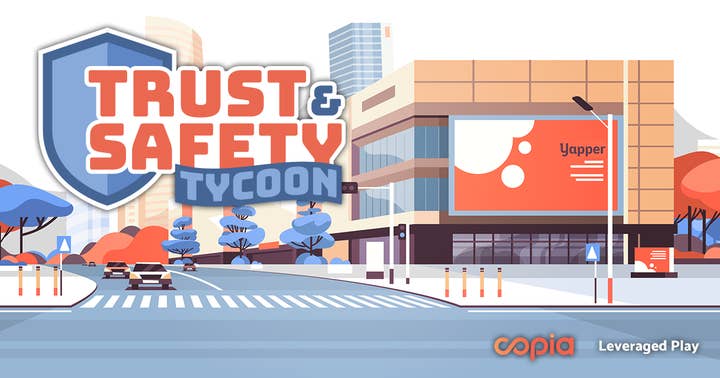 Splash screen for Trust & Safety Tycoon showing the game's logo on the left against an illustrated street view of the headquarters of fictional social media company Yapper