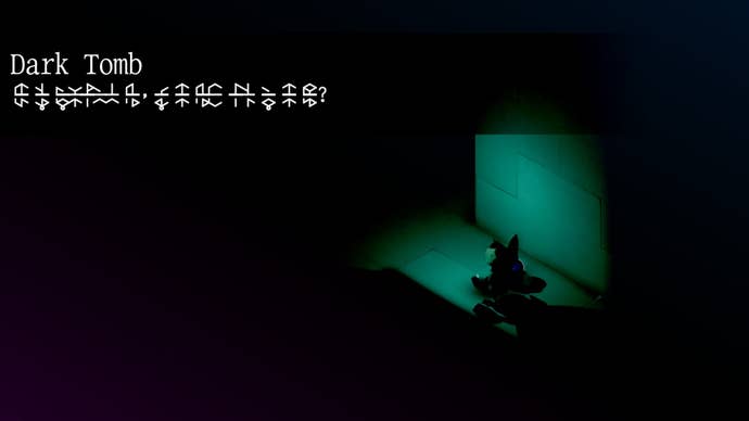 Tunic fox in a dark cave, dimly lit by the lantern