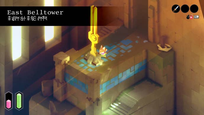 Tunic fox leaning forward to strike the bell in the East Belltower