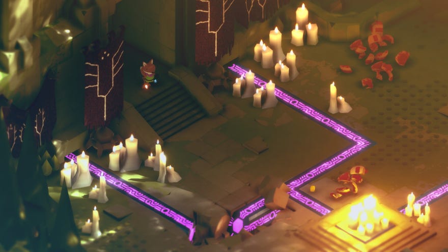 Tunic fox standing at the entrance to the Forest Fortress, staring at a campfire in a grassy, dimly lit courtyard