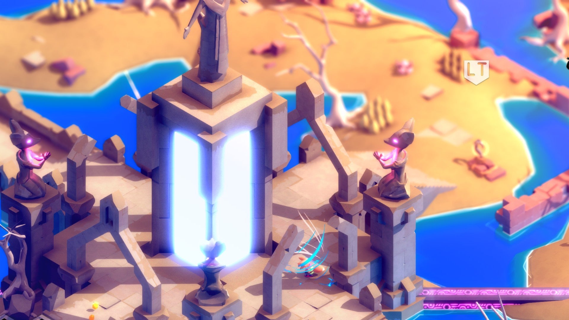 Tunic fox praying at the central statue in the Ruined Atoll, flash beneath the statue as it activates teleporter. Statue surrounded by beaches and blue water