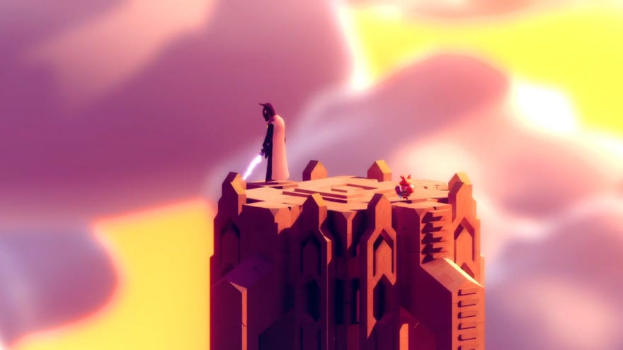 Tunic fox on a tower in the clouds, staring at a tall fox-like creature holding a big sword