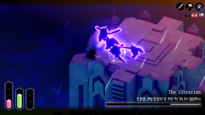 Tunic fox fighting purple Rudelings on the Library tower, surrounded by darkness