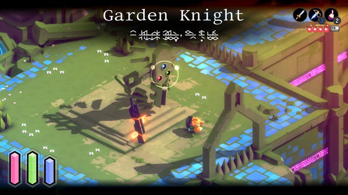 A small fox fights a large Garden Knight creature in Tunic