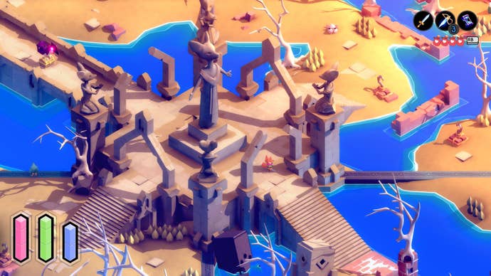 A small fox wanders through stony ruins on a beach in Tunic