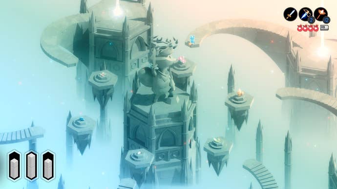 A fox statue raises a sword to the sky in Tunic