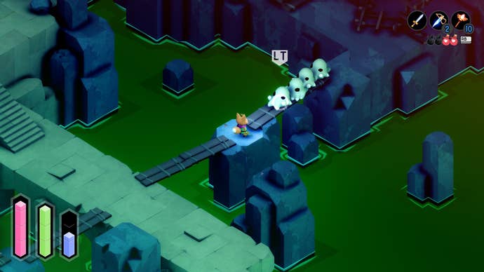 A fox crosses a bridge full of monsters in Tunic