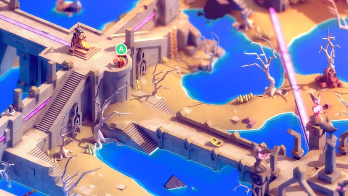 Tunic fox looking over the beaches of the Ruined Atoll using a telescope