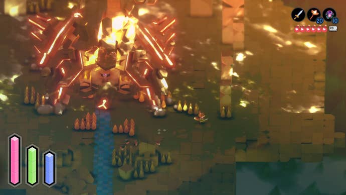 Tunic fox standing by the Siege Engine that has awoken in the boss arena