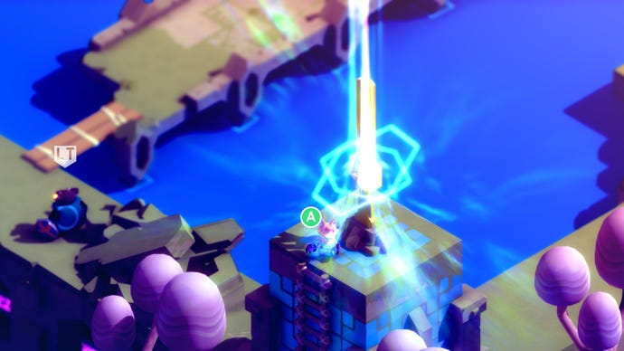 Tunic fox standing by the shining blue light of the West Belltower