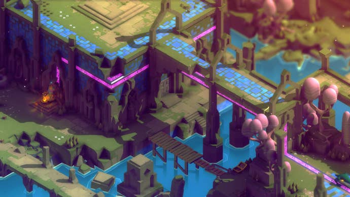 Tunic fox looking over the West Garden with a telescope. River passes through ruins and wooden scaffolding