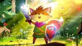 Artwork of a fox in a green tunic with sword and shield in a forest environment