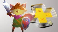 Fox from Tunic holding a sword next to the Playstation Plus logo
