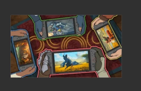 Low-res tutorial image showing four players with Switch 2 consoles playing Monster Hunter Wilds