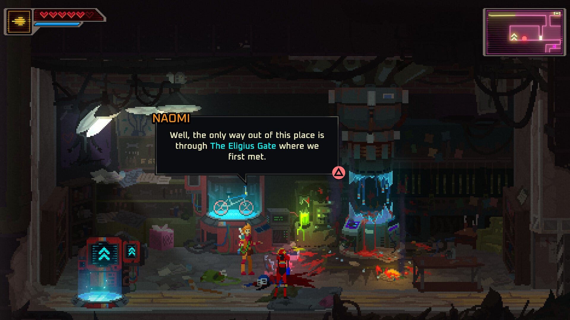 Turbo Kid explores and chats in a gory pixel art environment in the metroidvania, Turbo Kid. - 1