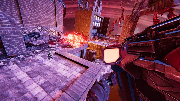 The player flies through the air to land on a building rooftop where a gunfight is breaking out in Turbo Overkill