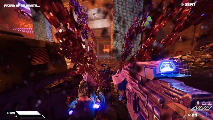 Johnny Turbo slices an enemy into bits with his double-chainsawed legs in Turbo Overkill.