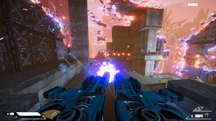 Johnny Turbo spray dual uzis at enemies in an arena that’s constructed by rogue AI Syn.