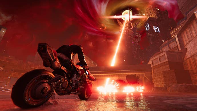 Turbo Overkill promo screen showing a giant eye in the distance shooting a huge laser beam at the protagonist sitting on a cool motorbike