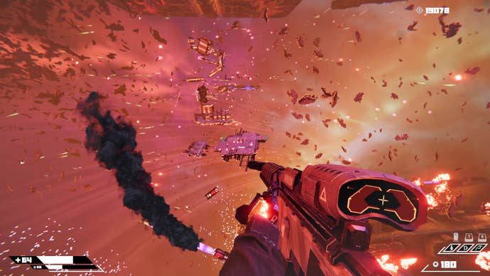 Johnny Turbo floats amid a swirling space of debris in Turbo Overkill.