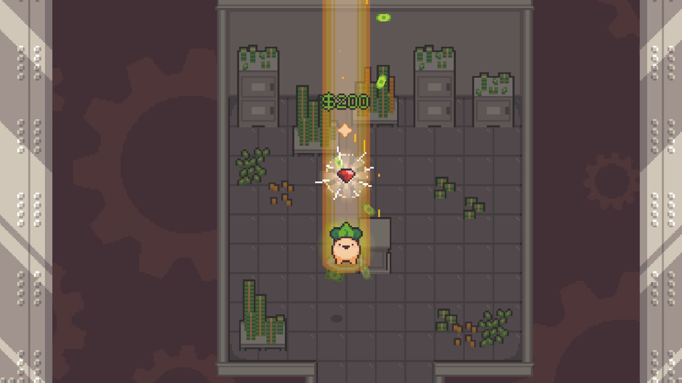 A pixelated, turnip-shaped character holding a jewel in the indie game Turnip Boy Robs a Bank, which was available for free for a limited time on the Epic Games Store.