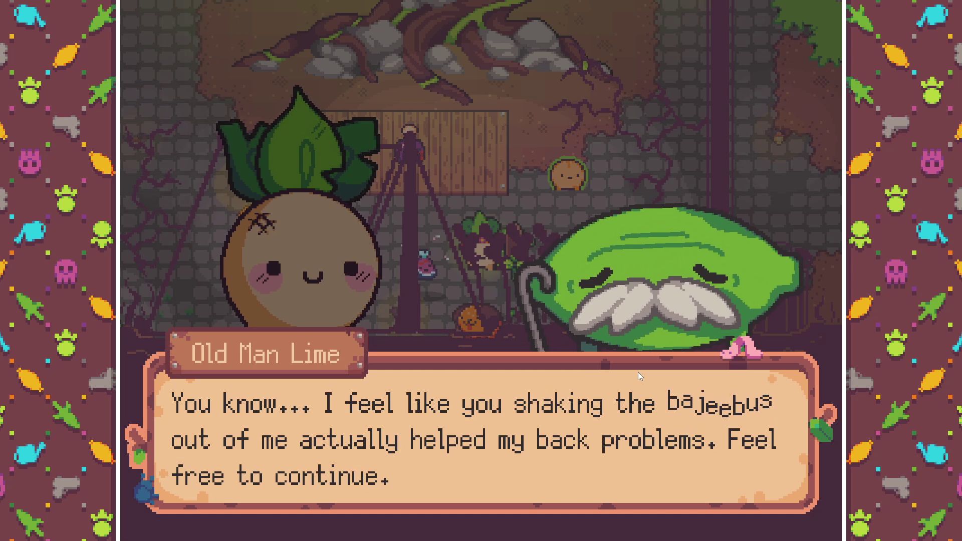 Turnip Boy talks to an elderly lime in Turnip Boy Robs A Bank. The lime is thanking Turnip Boy for shaking him - 4