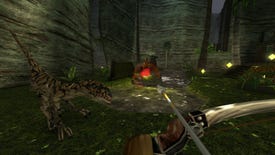 The player aims a bow past a raptor in the remastered Turok 3